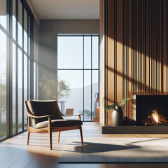 Modern Living Room, Wood Chair by Fireplace Against the Window, Home Interior, Studio Lighting for a Cozy Atmosphere. Generative Ai