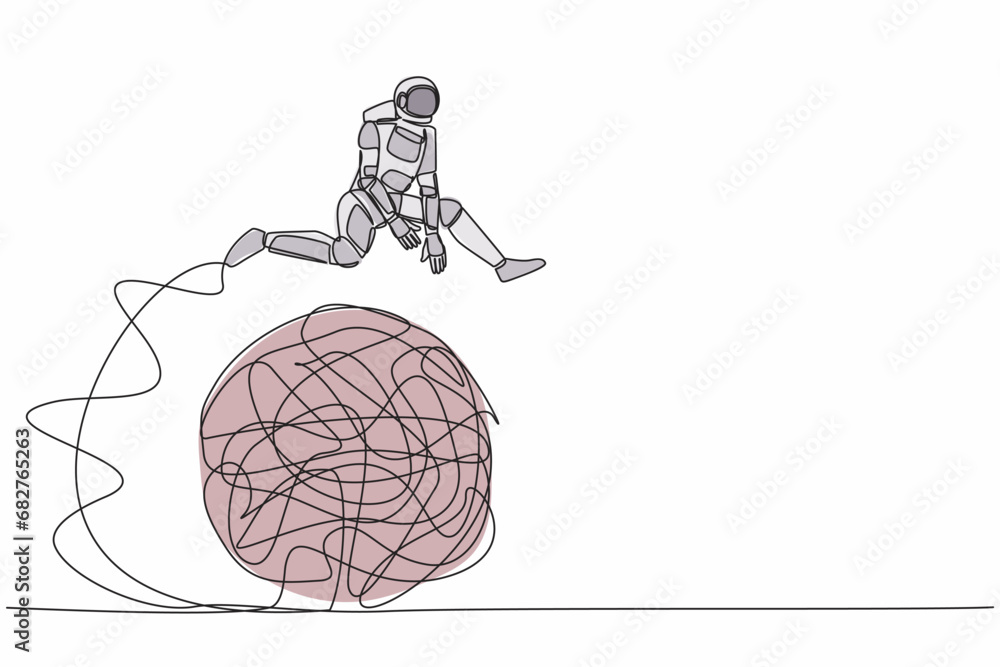 Poster continuous one line drawing young astronaut jumping over messy line in moon surface. overcoming comp