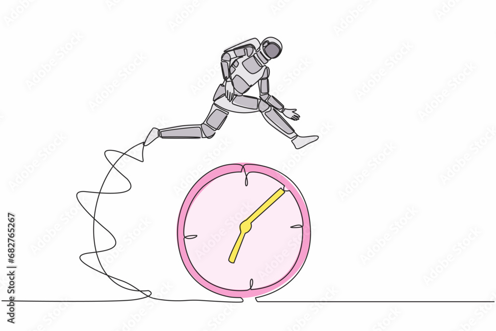 Poster single continuous line drawing astronaut jumping over clock. time management and scheduling in space