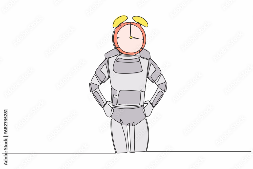 Poster continuous one line drawing of young astronaut with alarm clock instead of head. spaceman stress in 