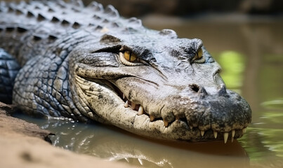 Fototapeta premium An alligator lies on land with mouth open amongst muddy environment