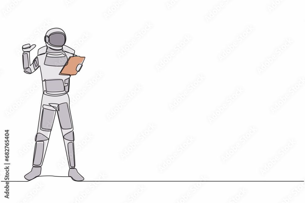 Poster single continuous line drawing young astronaut holding clipboard and showing thumbs up gesture in mo