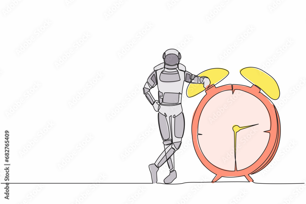Poster single one line drawing young astronaut lean on big alarm clock in moon surface. time management in 