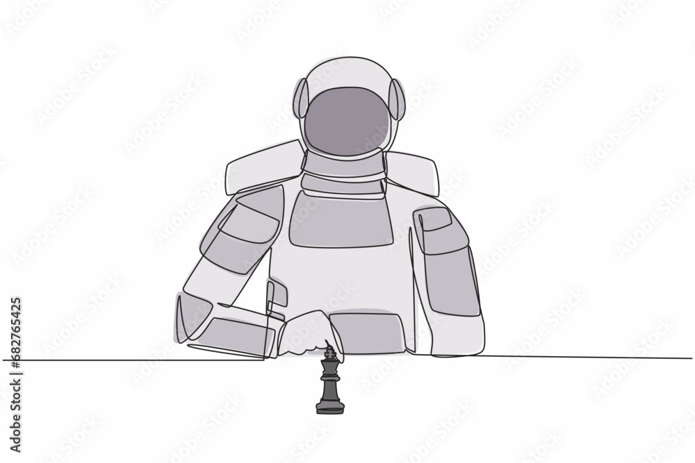 Poster continuous one line drawing of young astronaut sitting and moving forward chess king piece. tactic a