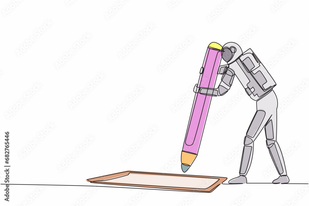 Poster single continuous line drawing of young astronaut standing near big checklist and fills out question