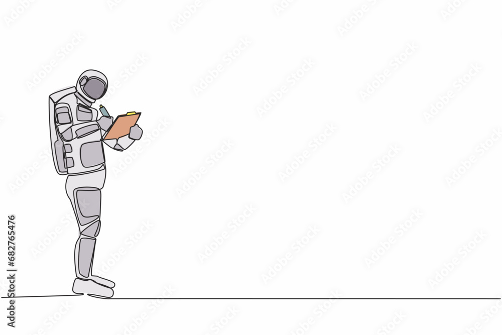 Poster single one line drawing young astronaut standing and writing on clipboard. future spaceship technolo