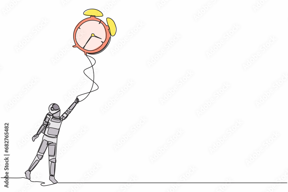 Poster single continuous line drawing young astronaut holding flying big alarm clock balloon with rope in m