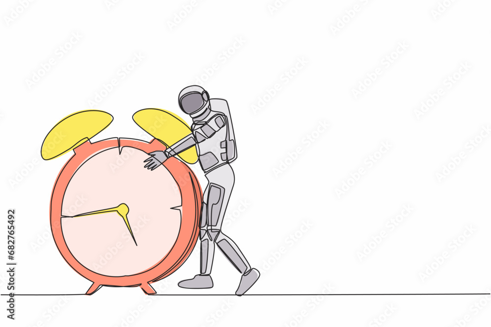 Poster single continuous line drawing young astronaut hugging huge alarm clock in moon surface. deadline sp