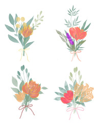 various shapes of watercolor flower bouquet stickers isolated on a transparent background,