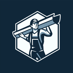 Cartoon style man worker, gutter installer with the gutter piece