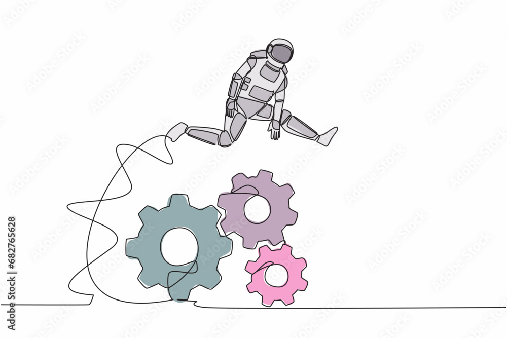 Poster single one line drawing astronaut jumping over big gears. developing spaceship innovation. operation