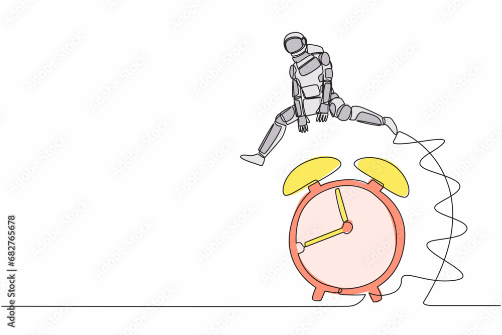 Poster continuous one line drawing young astronaut jumping over alarm clock. spaceship expedition deadline,