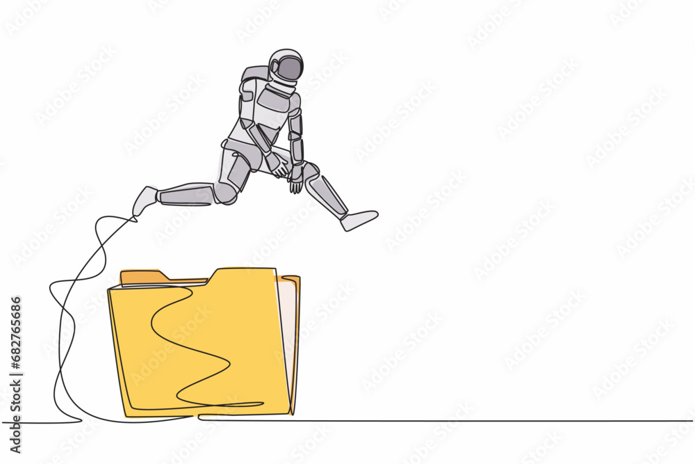 Poster single one line drawing astronaut jumping over folder icon. user data archive in space company. offi
