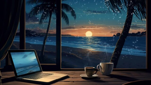 cozy evenings by the window with hot coffee and laptop. seamless looping time-lapse virtual video animation background. Generated Al