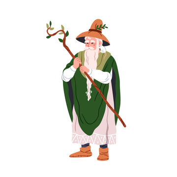 Old bearded magician. Forest wizard, mage with tree branch, staff. Mystic magic nature character. Fairy warlock, ancient mysterious sorcerer. Flat vector illustration isolated on white background