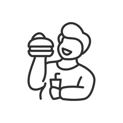 Overweight person eats a burger and sodas, linear icon. Line with editable stroke