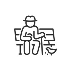 An old man sitting on a bench feeding birds, linear icon. A vacation walk in the park. Line with editable stroke
