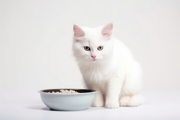 cat sitting with a heap bowl of cat food on white background. Generative AI