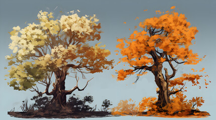 Oil Painting autumn tree illustration on gray background