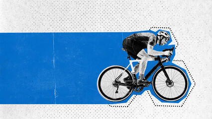 Poster. Contemporary art collage. Young athletic man riding bike in motion against white...