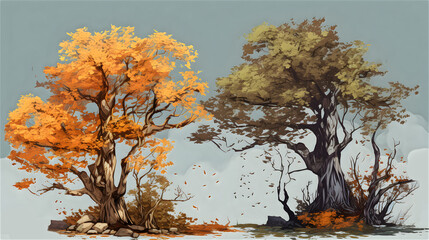 Oil Painting autumn tree illustration on gray background