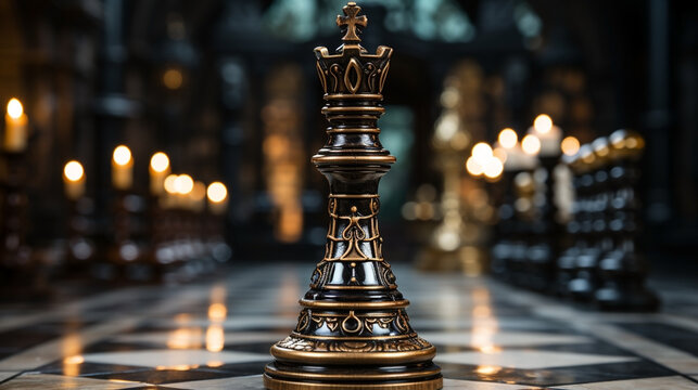 Wide photo of shiny finished wooden chess pieces set with king on board