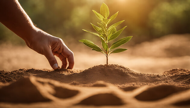 A hand plants a small tree seedling into dry, sandy soil, demonstrating care for nature's growth in harsh environments through conservation efforts.