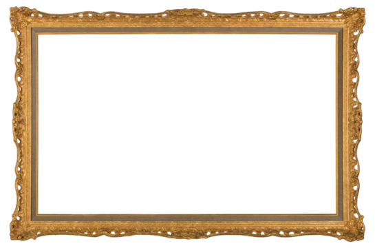 Gilded patterned frame of a painting in the Baroque style on a transparent background, in PNG format.
