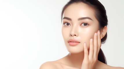 Fototapeta na wymiar Beautiful young asian woman with clean perfect skin. Portrait of beauty model with natural makeup and touching her face. 