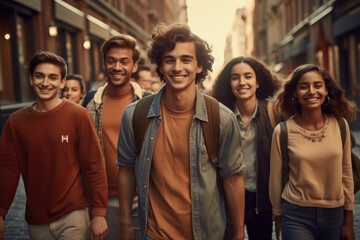 Happy multiracial friends walking down the street. Friendship concept with multicultural young people on winter clothes having fun together - obrazy, fototapety, plakaty