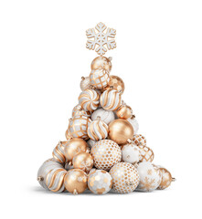 Christmas tree made of gold and white balls. Christmas tree in form of New Year's decorations Isolated on transparent background. 3D render