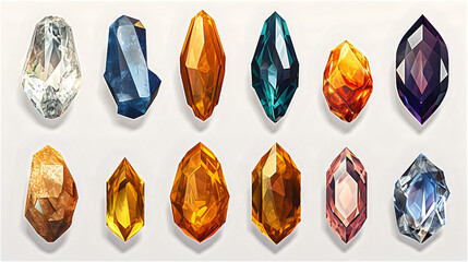 Watercolor various gemstone and diamond illustration isolated on white background