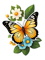 Adorn your space with this adorable sticker featuring a charming cartoon style butterfly surrounded by delicate flowers. The white border adds a touch of elegance.