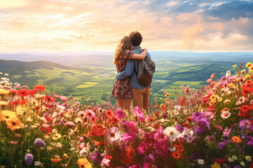 Couple on a hill with blooming flowers. happy heaven. The moment when you deepen your love with your partner and happiness connects the present to the future. Concept for love and valentine with heart - obrazy, fototapety, plakaty