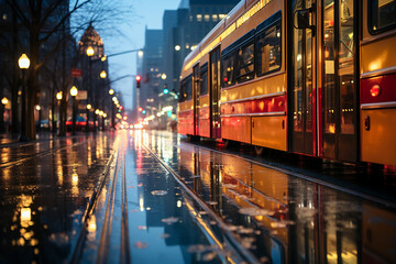 multicolor magic of a rainy cityscape at dusk, where warm glow of streetlights and windows reflects off wet surfaces, creating a captivating and romantic scene