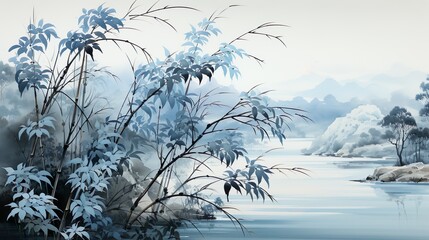 Watercolor painting of bamboo, water and trees
Generative Al