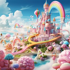 Amusement park colorful candies clouds rainbows fairies candy - obrazy, fototapety, plakaty
