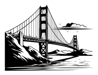 Golden Gate Bridge across the strait. San Francisco. Vector illustration in engraving style. Stencil - obrazy, fototapety, plakaty