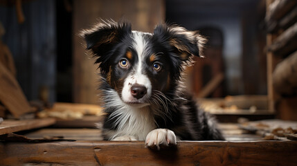 Cozy Moments: Small Brown and White Border Collie Lounging Gracefully on a Wooden Floor - Generative AI