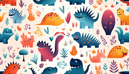 Fototapeta premium Adorable seamless pattern with funny dinosaurs in cartoon. Ideal for cards, invitations, party, banners, kindergarten, baby shower, preschool and children room decoration