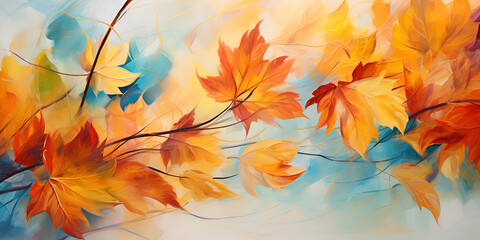 Watercolor abstract fall leaves Autumn background The wind rips yellow maple leaves from the tree Red and orange autumn leaves on branches against a turquoise sky Ai Generative
