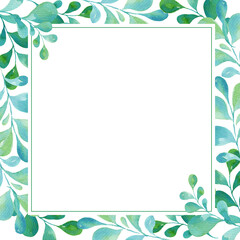 Fototapeta na wymiar watercolor square frame with green and blue leaves, gradient in illustration, sketch, green and blue color, herbal ornament isolated on white background
