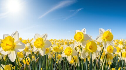 a field of daffodils with blue sky and clouds