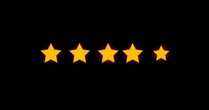 4k  glowing Five star rating review animation on black background. Customer feedback 5 star rating