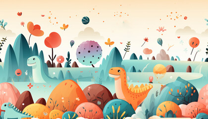 Adorable seamless pattern with funny dinosaurs in cartoon. Ideal for cards, invitations, party, banners, kindergarten, baby shower, preschool and children room decoration