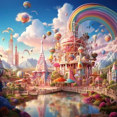 Crédence de cuisine en verre imprimé Montagnes Amusement park colorful candies clouds rainbows fairies candy