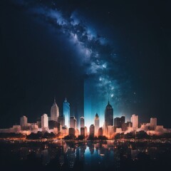 Fototapeta na wymiar City skyline at night with starry background and glowing sunrise, digital illustration