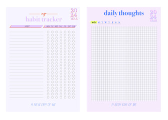 Collection of planners templates. Blank vertical notepad page. Business Organizer. Calendar daily, weekly, monthly, yearly, habit tracker, project, notes, goals. Editable vector illustration