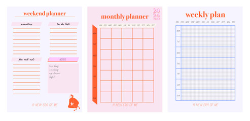 Collection of planners templates. Blank vertical notepad page. Business Organizer. Calendar daily, weekly, monthly, yearly, habit tracker, project, notes, goals. Editable vector illustration - obrazy, fototapety, plakaty