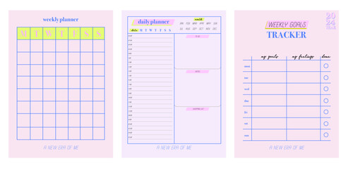 Collection of planners templates. Blank vertical notepad page. Business Organizer. Calendar daily, weekly, monthly, yearly, habit tracker, project, notes, goals. Editable vector illustration